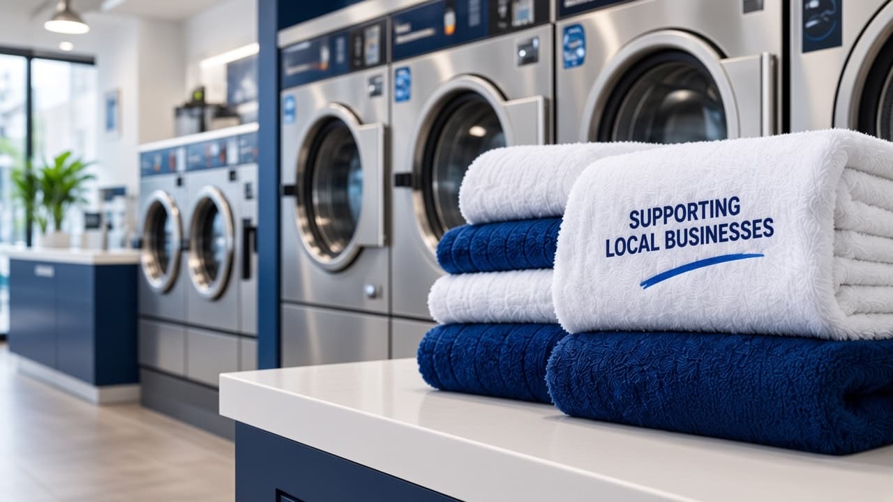 Folded white and navy towels in a commercial laundry with washing machines