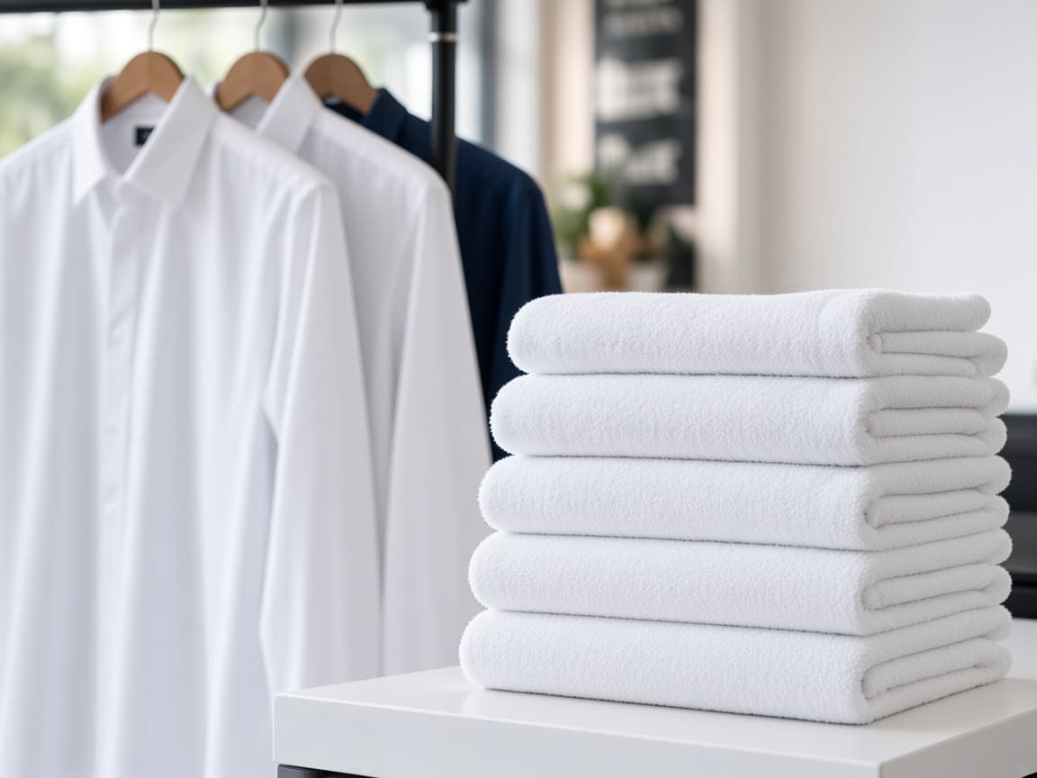 Folded white towels and pressed shirts ready for business laundry