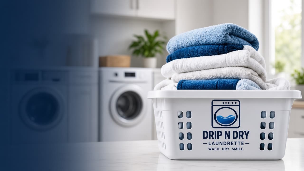 Laundry basket with folded blue and white towels ready for collection and delivery