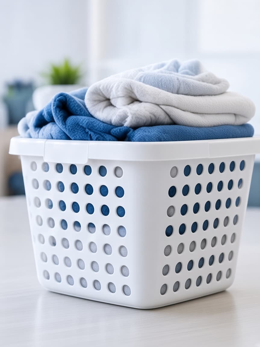 Laundry basket with folded blue and white towels